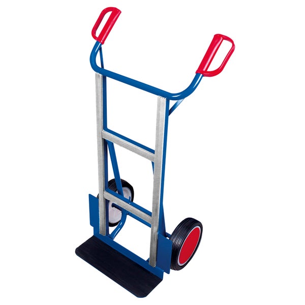Blaue Sackkarre aus Metall mit silbernen Streben, zwei Rädern und roten Sicherheitsgriffen.