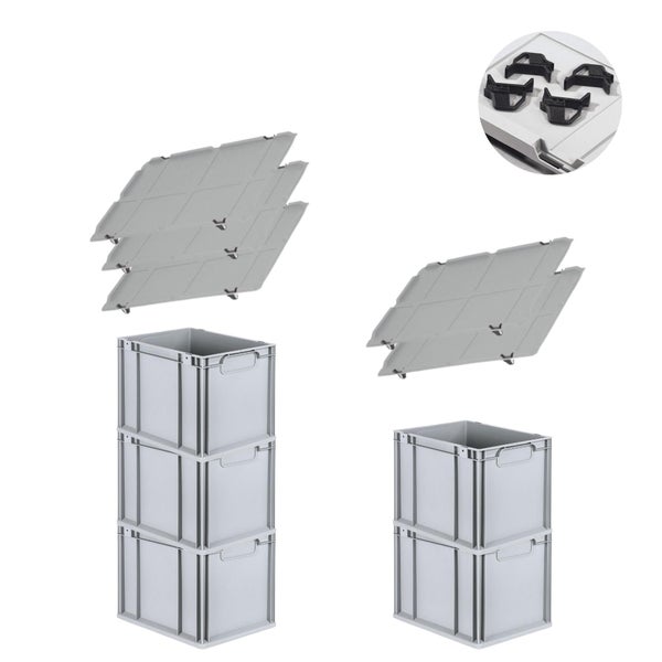 PROREGAL Spar Set 5x Eurobox Nextgen Economy Mit Auflagedeckel & 4x Schiebeschnappverschlüsse Schwarz Griffe Geschlossen HxBxT 32 x 30 x 40 cm