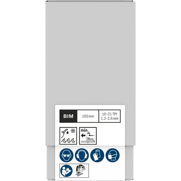 BIM Sägeblatt Informationen: 100 mm, 10 bis 21 TPI, 1,2 bis 2,6 mm. Geeignet für das Schneiden von Wasserleitungen und gefrorenen Materialien. Minimale Schmierung erforderlich. Schutzausrüstung erforderlich: Schutzbrille, Gehörschutz, Handschuhe und Atemschutzmaske. Lesen Sie die Anweisungen vor Gebrauch.