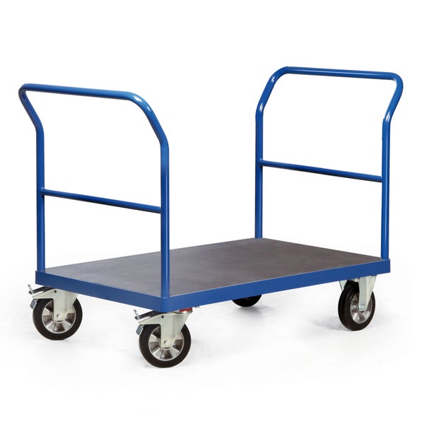 Blauer Plattformwagen mit zwei Griffen und vier Rädern