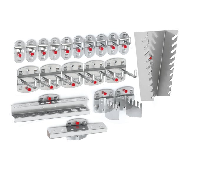 Werkzeughaken-Set aus Metall für Lochwände, inklusive Haltern für Schraubendreher und Maulschlüssel.