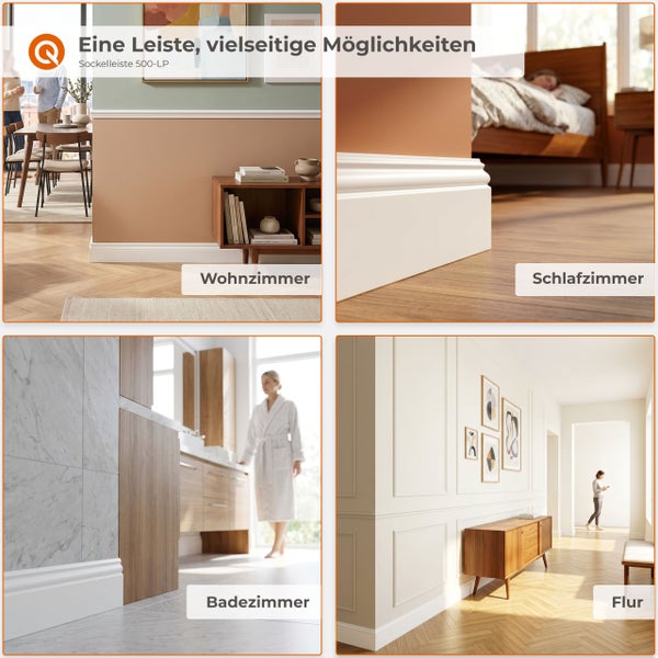 Vier Anwendungsbeispiele für die Sockelleiste 500-LP in Wohnzimmer, Schlafzimmer, Badezimmer und Flur, präsentiert in einer modernen Wohnumgebung.