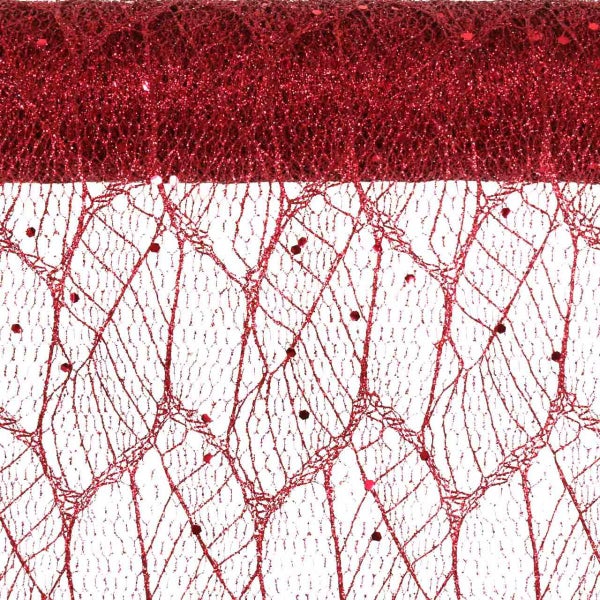 Rotes Dekoband aus Netzstoff mit Glitzer und Pailletten.