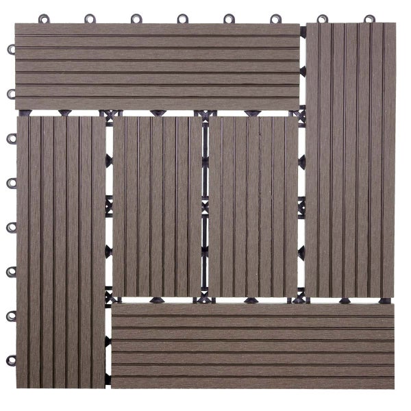 Braune Klick-Terrassenfliese aus Holz-Kunststoff-Verbundwerkstoff mit gerillter Oberfläche und praktischem Stecksystem.