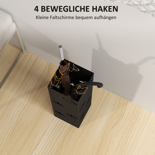 HOMCOM Schirmständer Regenschirmhalter mit 4 Haken, abnehmbare Wasserauffangschale Deko Schirmhalter für Sonnenschirm, Regenschirme & Gehstöcke Stahl 15,5 x 15,5 x 49 cm Schwarz