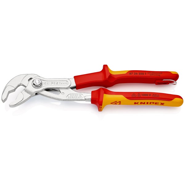 Knipex Cobra® WaPu isoliert m. Befestigungsöse verchromt, isoliert mit Mehrkomponenten-Hüllen, VDE-geprüft; mit integrierter isolierter Befestigungsöse zum Anbringen einer Absturzsicherung 250 mm - 8726250TBK