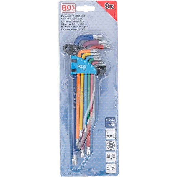 BGS Winkelschlüssel-Satz Multicolour extra lang T-Profil (für Torx) mit Bohrung T10 - T50 9tlg. - 74462