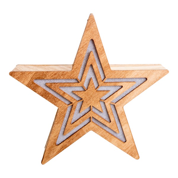 Dekorativer Holzstern mit funkelndem Innenraum