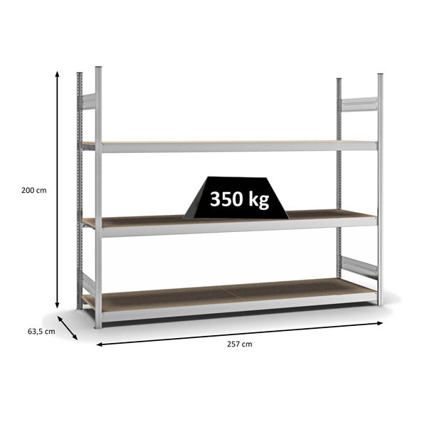 PROREGAL Weitspannregal Stecksystem T-Profil Grundregal HxBxT 200x250x60 cm 3 Ebenen Spanplatten Fachboden Fachlast 350 kg Verzinkt