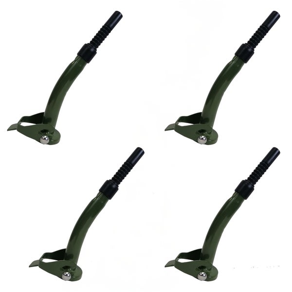 Vier grüne Ausgießer für Kraftstoffkanister aus Metall mit flexiblem schwarzen Kunststoff-Endstück und Hebelverschluss.