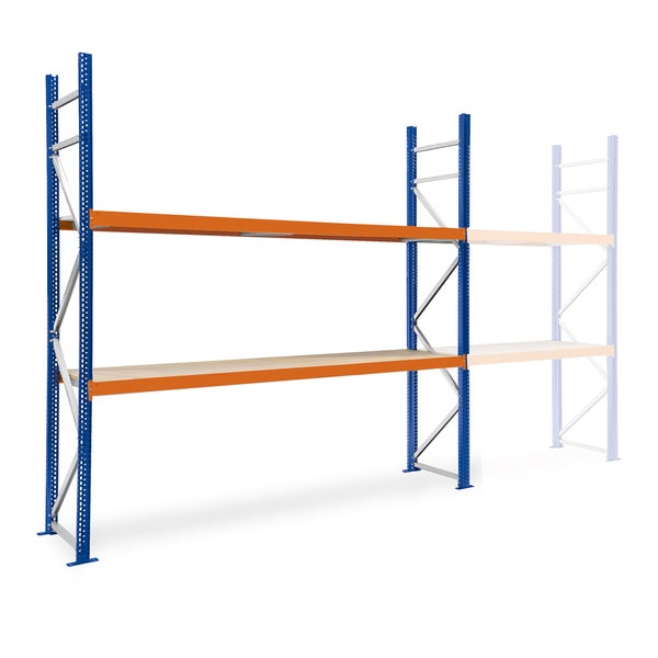 Schwerlastregal-Grundfeld mit blauem Metallrahmen, orangefarbenen Traversen und Holzböden, erweiterbar.