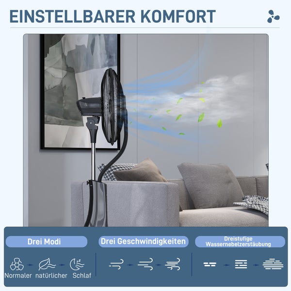 Standventilator mit Sprühnebel Funktion im Wohnzimmer mit drei Modi, drei Geschwindigkeitsstufen und dreistufiger Wasserzerstäubung.