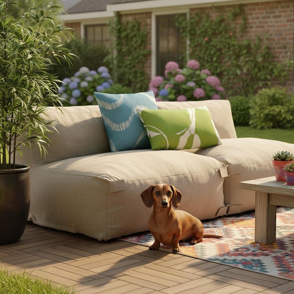 Gemütlicher Außenbereich mit Lounge-Sofa, gemusterten Kissen, Outdoorteppich, Holztisch und einem Dackel auf einer Holzterrasse vor einem Garten.