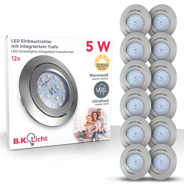 B.K.Licht LED-Einbaustrahler im 12er-Pack, 5 Watt, 3000 Kelvin warmweiß, ultraflach mit integriertem Transformator.