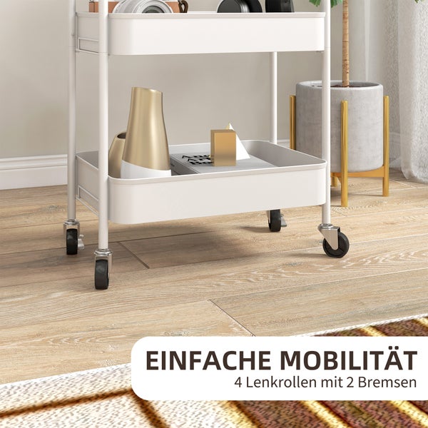 HOMCOM Servierwagen Rollwagen mit 3 Etagen, Küchenwagen, Aufbewahrungswagen, Beistellwagen für Küche, Wohnzimmer, Stahl, Weiß