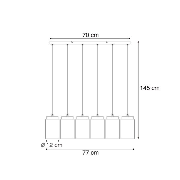 Maßskizze Pendelleuchte sechsflammig. Höhe 145 Zentimeter, Breite 77 Zentimeter, Schirm Durchmesser 12 Zentimeter, Basis 70 Zentimeter.
