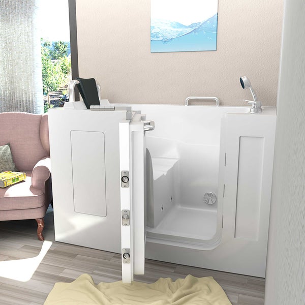 Technische Zeichnung einer Badewanne mit Tür, Maße 140 x 68 x 94 cm