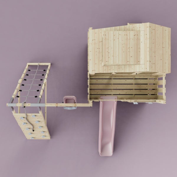 Spielturm mit Rutsche, Kletterwand und Kletternetz