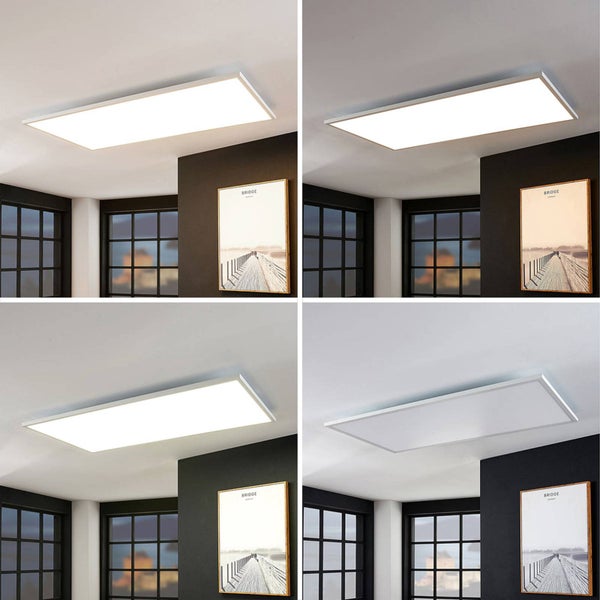 Rechteckiges LED-Panel an der Decke in vier Lichtmodi: warmweiß, neutralweiß, kaltweiß und ausgeschaltet.