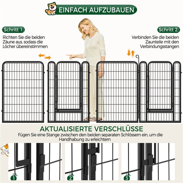 Anleitung zum Aufbau eines Metallzauns mit den Schritten: Ausrichten der Zaunteile und Verbinden mit Verbindungsstangen.