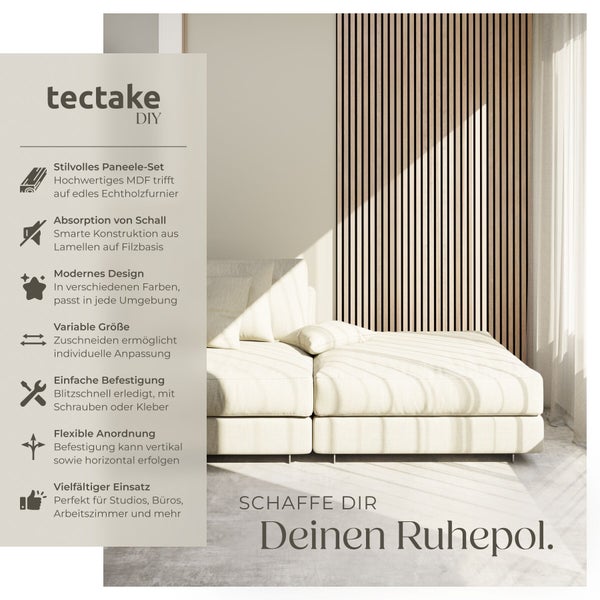 tectake Logo. MDF Paneele mit Echtholzfurnier zur Schallabsorption und flexibler Anordnung in Studios, Büros und Arbeitszimmern