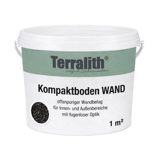 Terralith Logo, Terralith Kompaktboden Wand, offenporiger Wandbelag für den Innen- und Außenbereich mit fugenloser Optik, schwarz, 1 Quadratmeter.