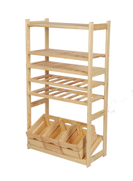 PROREGAL Getränkekisten- & Weinregal SPREEWALD HxBxT 124x70x33cm 12 Flaschen auf 2 Ebenen + 1 Ebene für Kisten + 3 Ablagen Massives Kiefernholz Natur