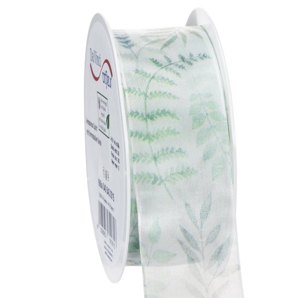 Organzaband mit Blätterzweigen, Chiffon Schleifenband, Dekoband Grün, 40mm x 15m, Edle Geschenkverpackung
