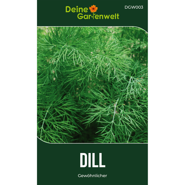 Deine Gartenwelt Samentüte für Gewöhnlichen Dill mit einer Nahaufnahme der feingliedrigen grünen Blätter.