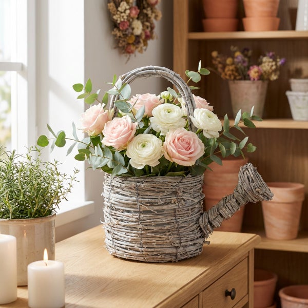Blumenstrauß aus Rosen und Ranunkeln in einer dekorativen Gießkanne aus Weidengeflecht auf einem Holzschrank.