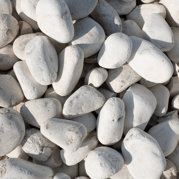 Weiße, glatt geschliffene Flusssteine und Kieselsteine für die Gestaltung von Garten und Dekoration.