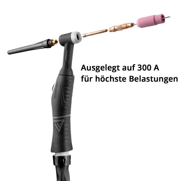 Wolfram-Inertgas-Schweißbrenner in Explosionsdarstellung mit Düse und Elektrode, ausgelegt für 300 Ampere für hohe Belastungen.