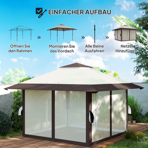 Outsunny Pavillon 4x4m Wasserdicht Höhenverstellbar Pop-up Faltpavillon mit Netzwänden UV 50+ Faltbar Partyzelt Gartenzelt mit Tragetasche Sandsäcke Gartenpavillon für Camping Garten Festival, Beige