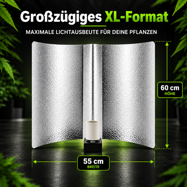 Großer Pflanzenlampen Reflektor aus gehämmertem Metall mit E40 Fassung, 55 Zentimeter Breite und 60 Zentimeter Höhe für maximale Lichtausbeute.