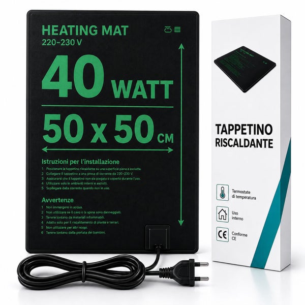 Heizmatte mit 40 Watt Leistung und 50 mal 50 Zentimeter Maßen inklusive Anschlusskabel und Verpackung für Pflanzen und Terrarien.