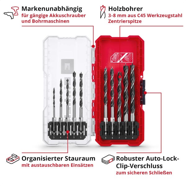 Einhell S-CASE 10-tlg. Holzbohrer-Set (zweispiralig, aus rollgewalztem C45 Werkzeugstahl, E 6.3 Schaft, 3-Punkt-Anschliff, Zentrierspitze inkl. Aufbewahrungsbox)
