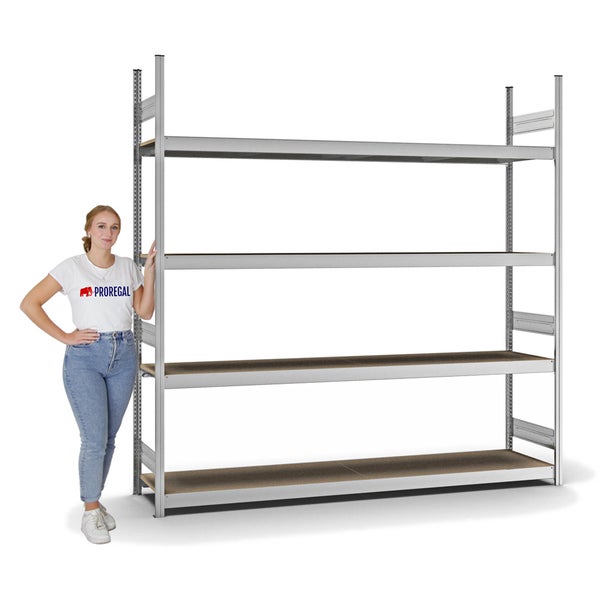 PROREGAL Weitspannregal Stecksystem T-Profil Grundregal HxBxT 250x250x50 cm 4 Ebenen Spanplatten Fachboden Fachlast 350 kg Verzinkt