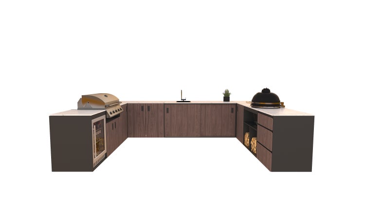 Moderne Outdoor-Küche mit Grill, Spüle, Kühlschrank und Stauraum