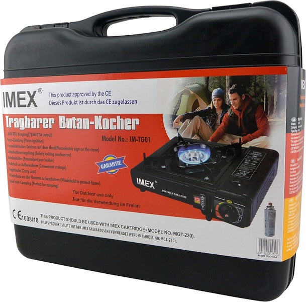 IMEX Camping Gaskocher Set – Kompakter Butan-Kocher im Tragekoffer mit 8 Gaskartuschen, Ideal für Outdoor-Aktivitäten, Wandern und Camping