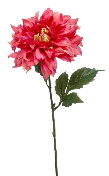Künstliche Dahlie am Stiel mit rosa Blüte und grünem Blatt