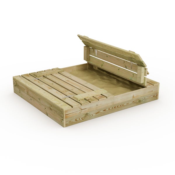 WICKEY Sandkasten Flip 110x125cm Garten Kinder Sandkiste Spielplatz mit Sitzbank und Klappdeckel