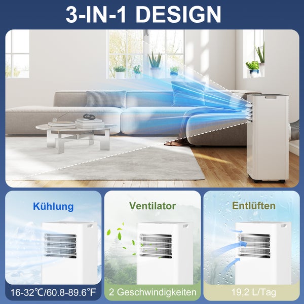 Mobile 3-in-1 Klimaanlage im Wohnzimmer. Kühlen (16 bis 32 Grad Celsius), Ventilator (2 Stufen) und Entfeuchten (19,2 Liter pro Tag).