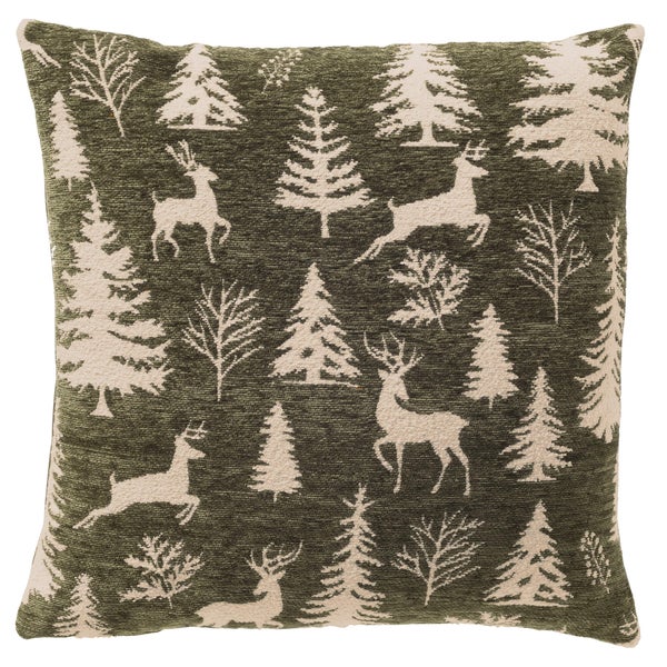 Quadratisches Dekokissen mit winterlichem Waldmotiv mit Rehen und Tannenbäumen.