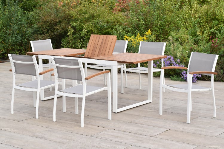 Naxos Gartenmöbelset 7tlg., 6 Stapelsessel, Ausziehtisch 150 (200) x 90 cm, weiß