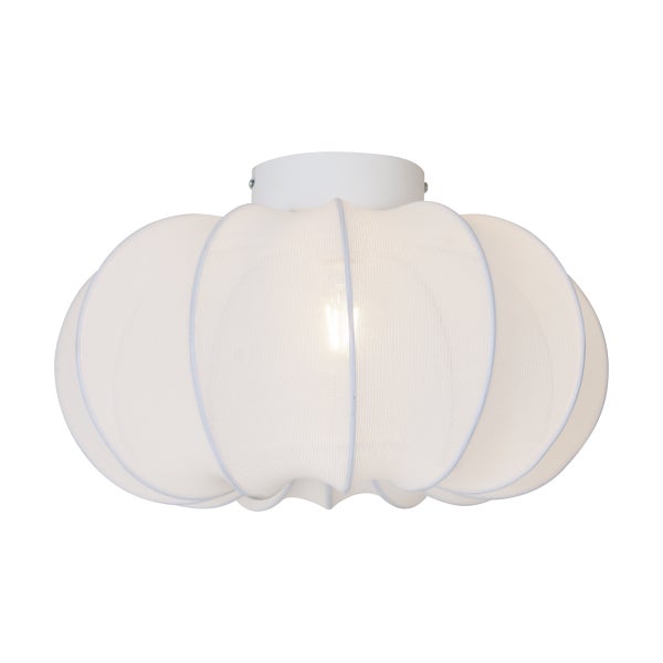 Deckenleuchte aus Textil in organischer Kürbisform mit blauen Akzenten und warmem Licht.