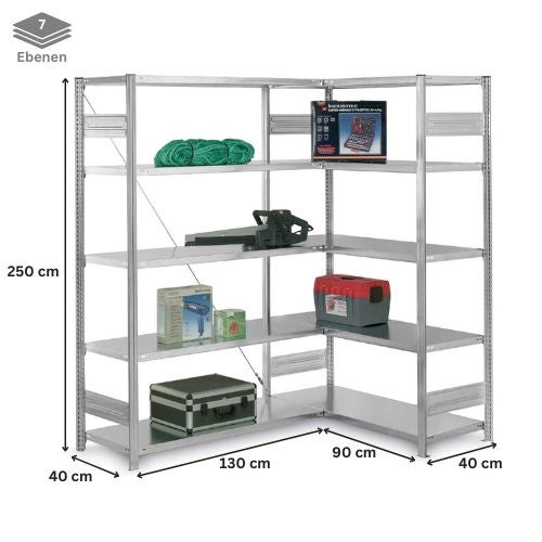 PROREGAL Eckregal  Stecksystem T-Profil HxBxT 300 x 130 x 40 cm 7 Ebenen Traglast 124 kg Verzinkt
