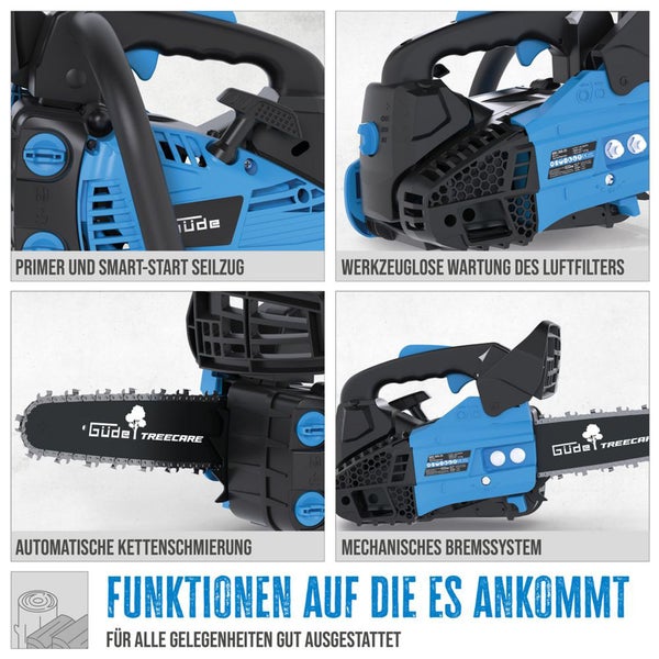 Detailansicht der Güde Kettensäge mit Primer, Smart-Start Seilzug, werkzeugloser Luftfilterwartung, automatischer Kettenschmierung und mechanischem Bremssystem.