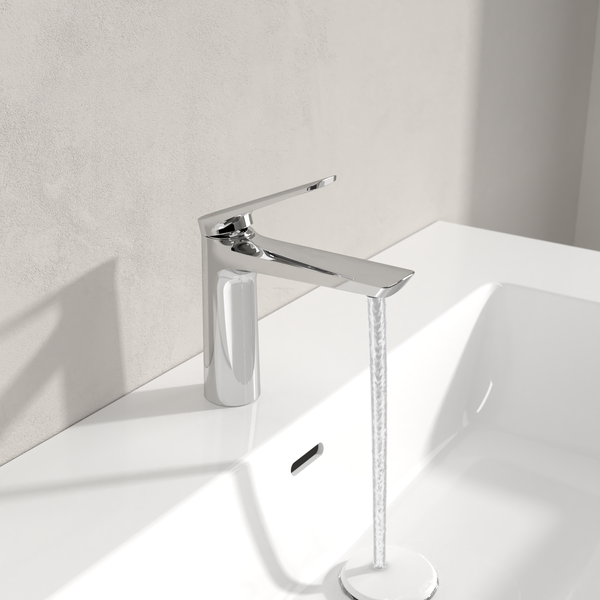 Villeroy & Boch Oasis Waschtischarmatur ohne Zugstange, Wasserhahn Bad mit Keramikkartusche, Waschbeckenarmatur wassersparend, Auslauf Höhe 114mm, rund, Chrom