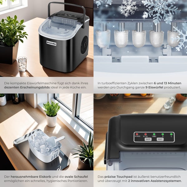 Eiswürfelmaschine tectake Arctic inklusive Eiskorb und Eisschaufel 1,2 l Wassertank, 2 Eiswürfelgrößen schwarz