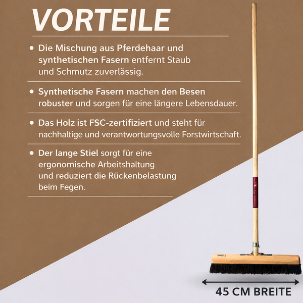 Kehrbesen mit Holzstiel und Borstenmischung aus Pferdehaar und synthetischen Fasern, 45 cm Breite